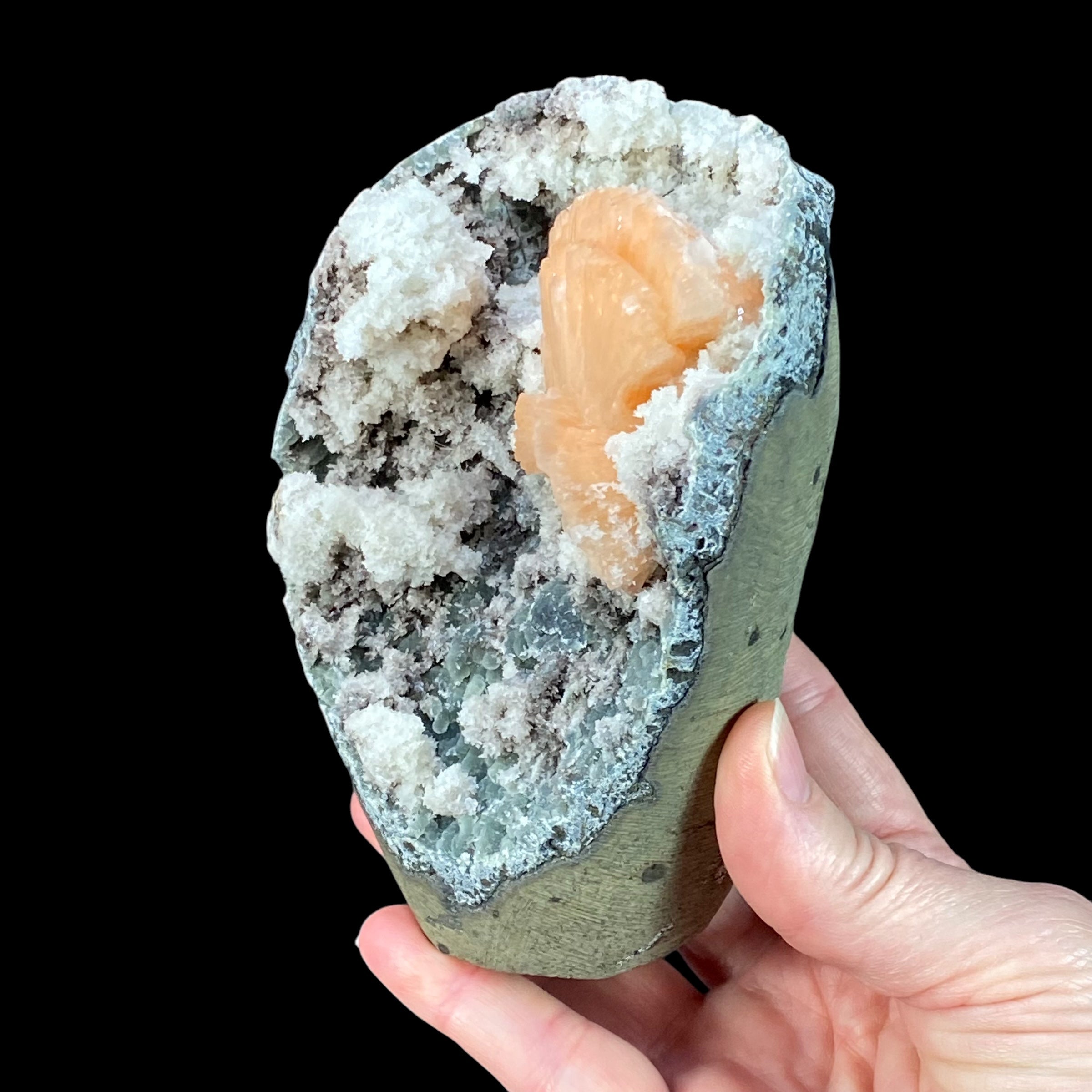 Pink Heulandite Fan Cluster with Apophyllite Crystals & Chalcedony in a Trimmed Pocket of Volcanic Basalt Matrix