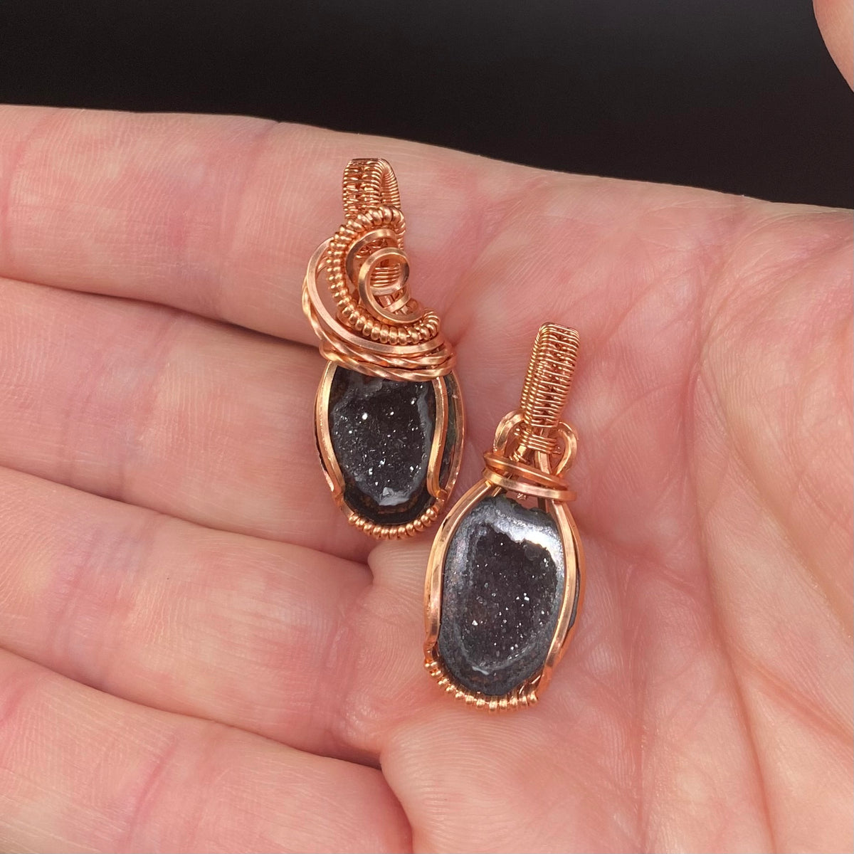 Matching Pair Tabasco Geode & Copper Wire Wrapped Pendants
