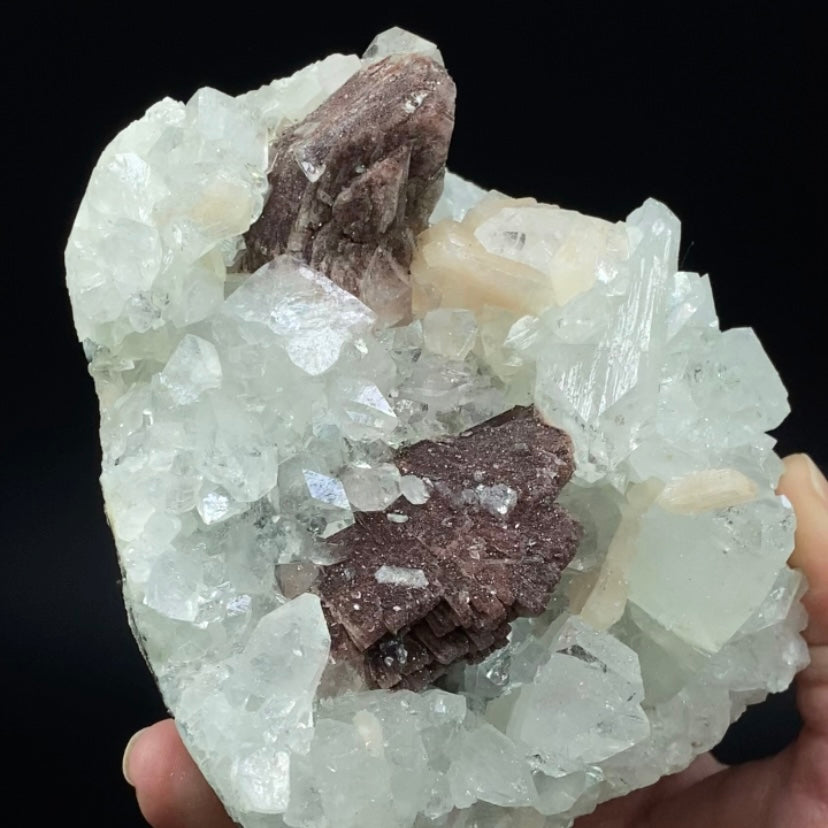 Rare Red-Brown Heulandite Fan with Clear Apophyllite Crystals & Stilbite in a Trimmed-out Pocket of Volcanic Basalt Matrix