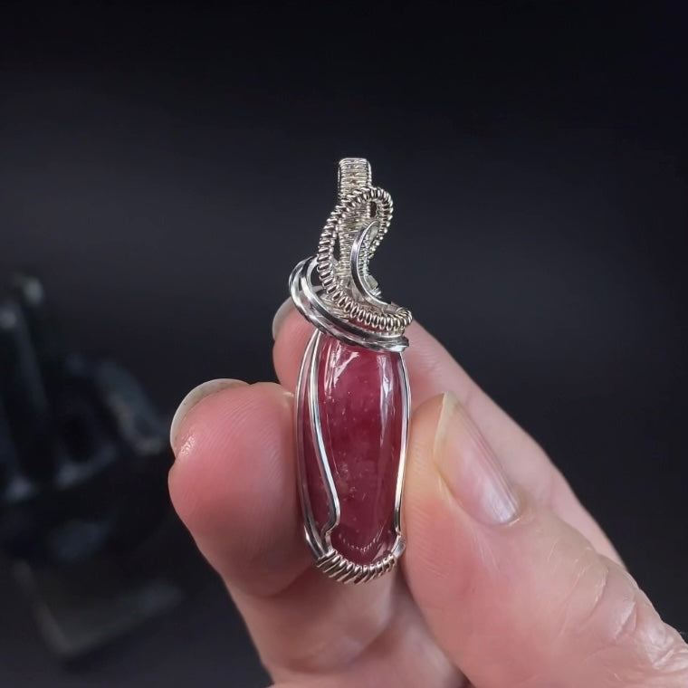 High Grade Polished Rhodonite & Sterling Silver Wire Wrapped Pendant