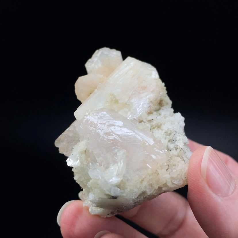 Light Pink Gemmy Heulandite Crystals with Light Peach Stilbite Crystals on a Base of Apophyllite