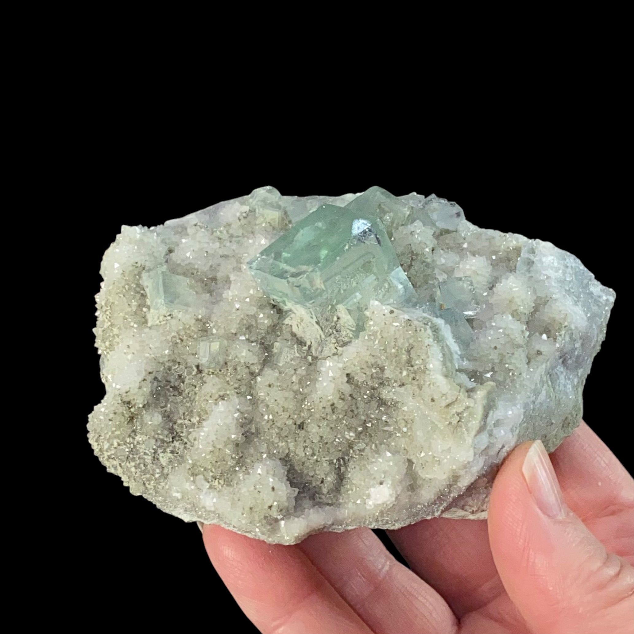 Clear Green Cubic Fluorite on Druzy Quartz, Xianghualing Mine, China