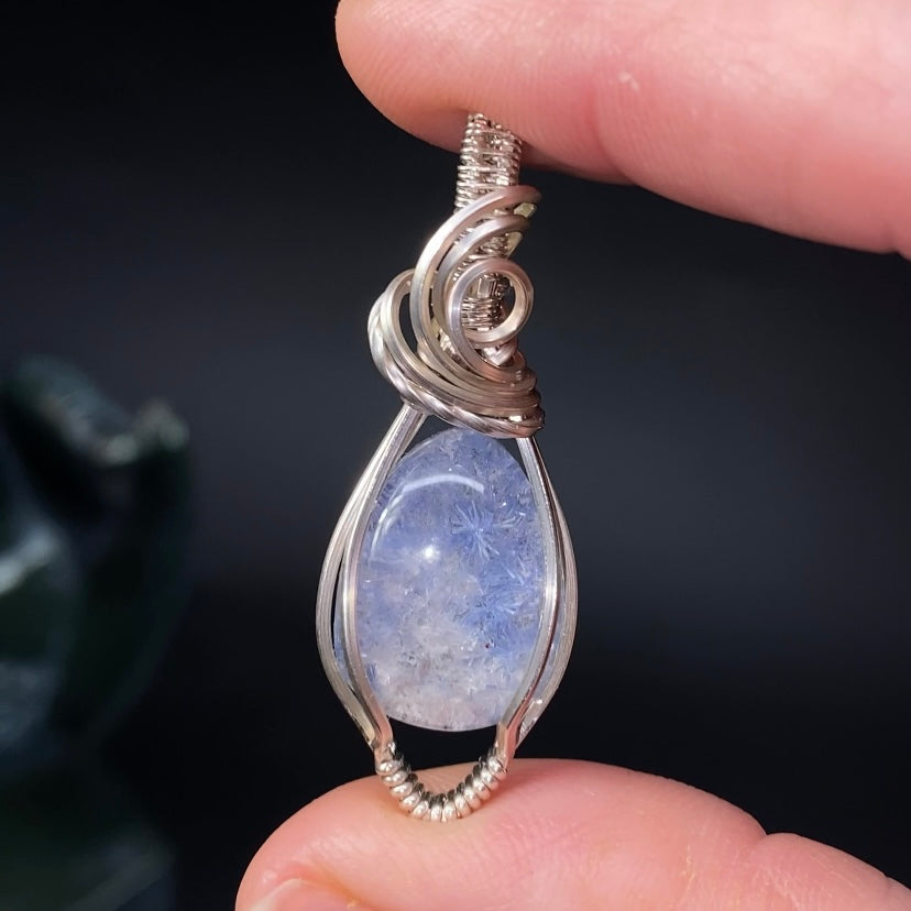 High Grade Dumortierite Included Quartz & Tarnish Resistant Argentium Silver Handmade Wire Wrapped Pendant