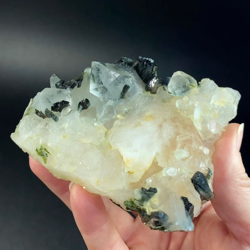 Quartz Crystal Cluster with Dark Green Epidote Crystals