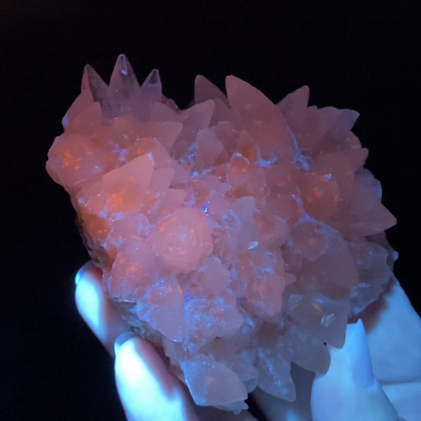 Scalenohedral DogTooth Calcite on Blue Purple Fluorite Matrix, UV Reactive, Fluorescent