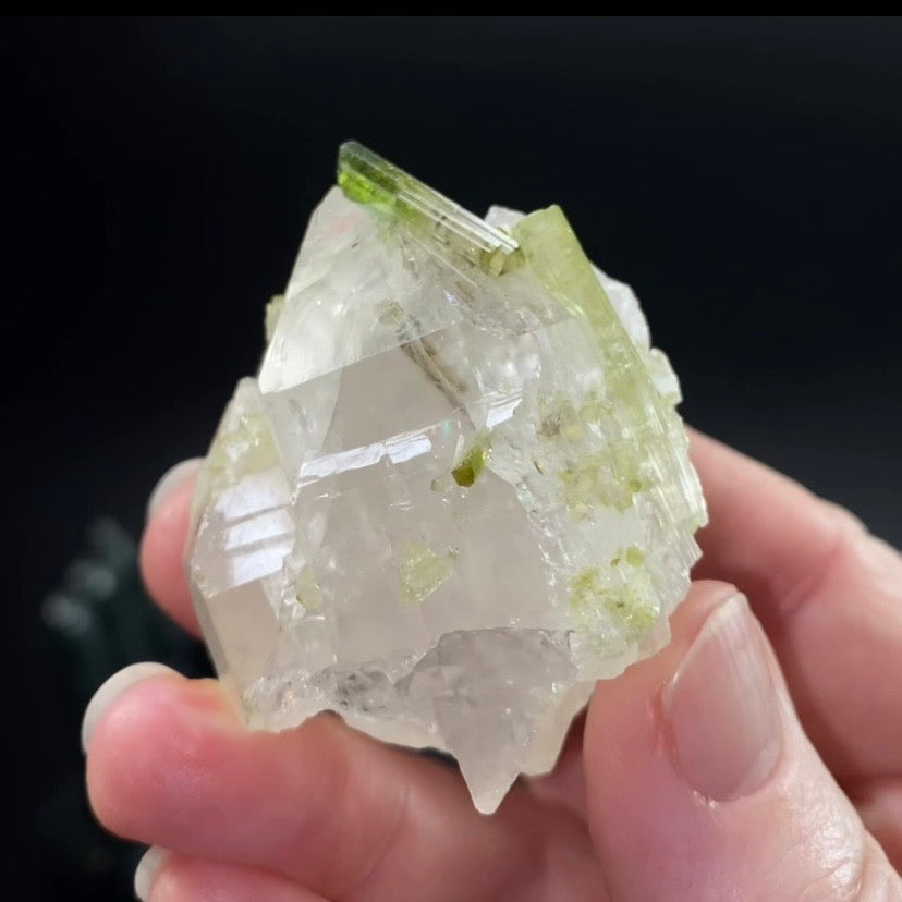 Bicolor Green Tourmaline Crystals on Clear Quartz Crystal