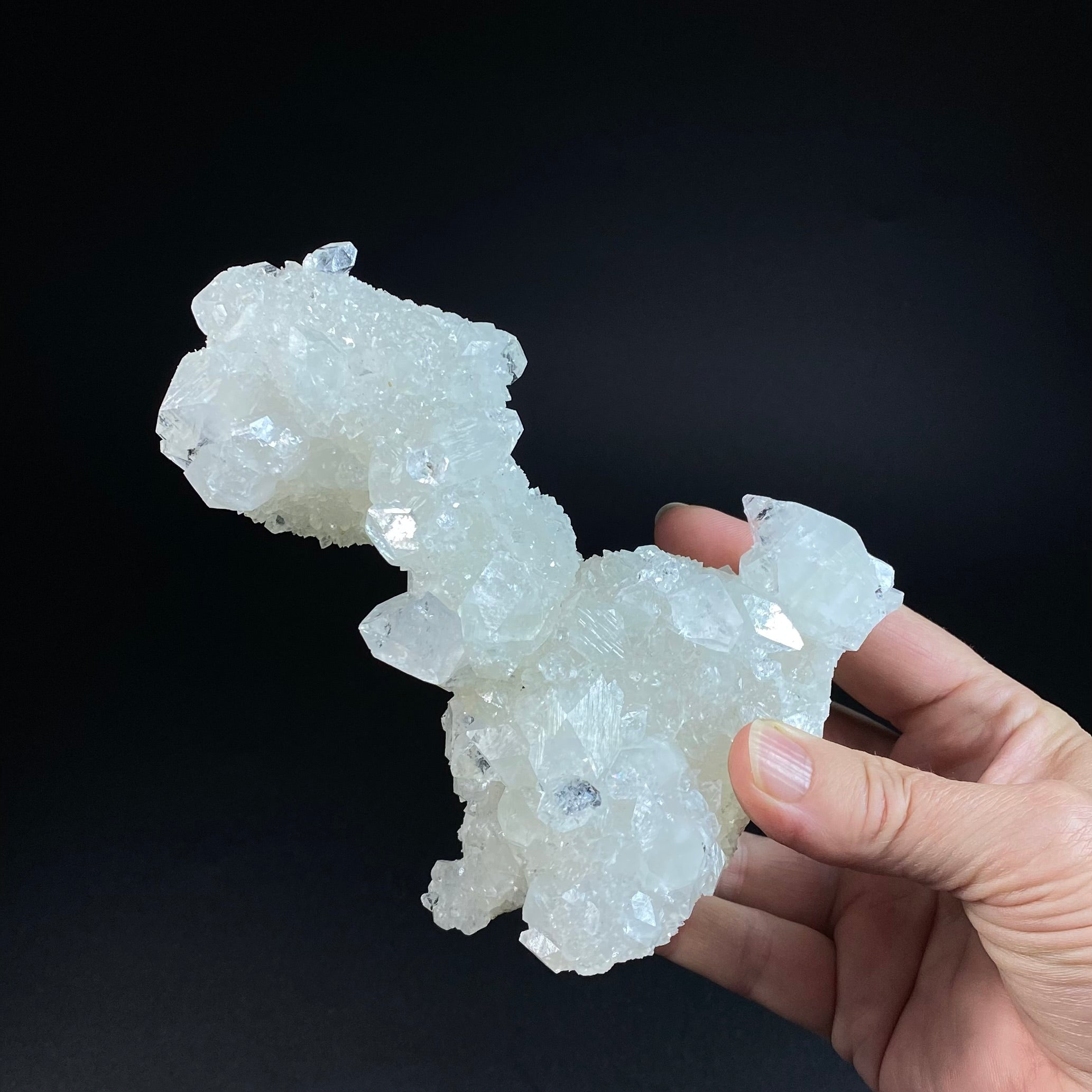 Clear Apophyllite Stalactite Formation Cluster with Fluorescent Calcite Core