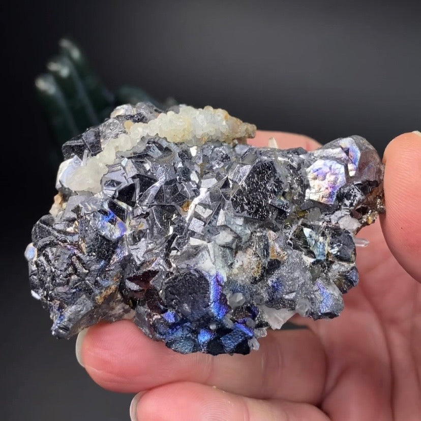 Galena Cluster with Calcite and Blue Iridescence from Trepça Mine Complex, Kosovo