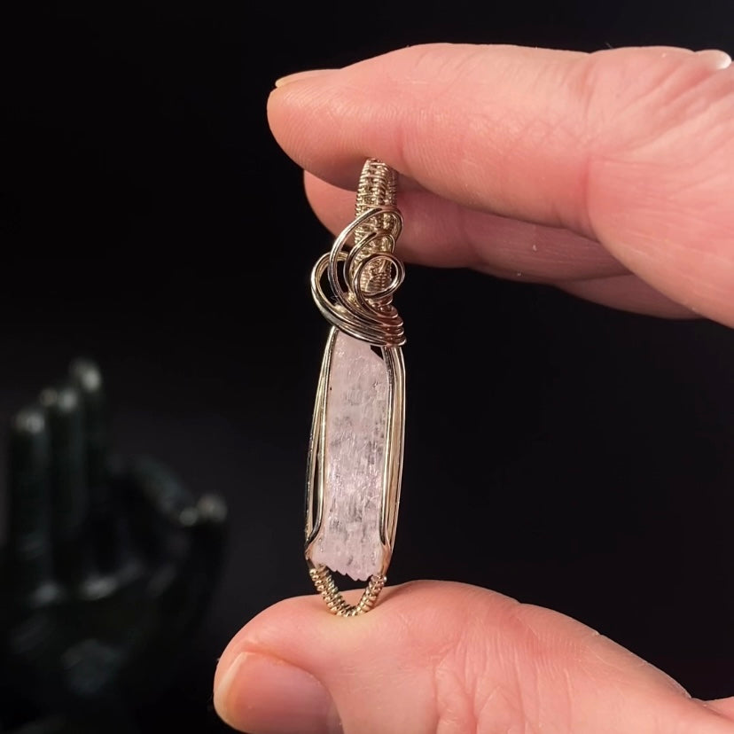 Fluorescent Spodumene Kunzite & Sterling Silver Wire Wrapped Pendant