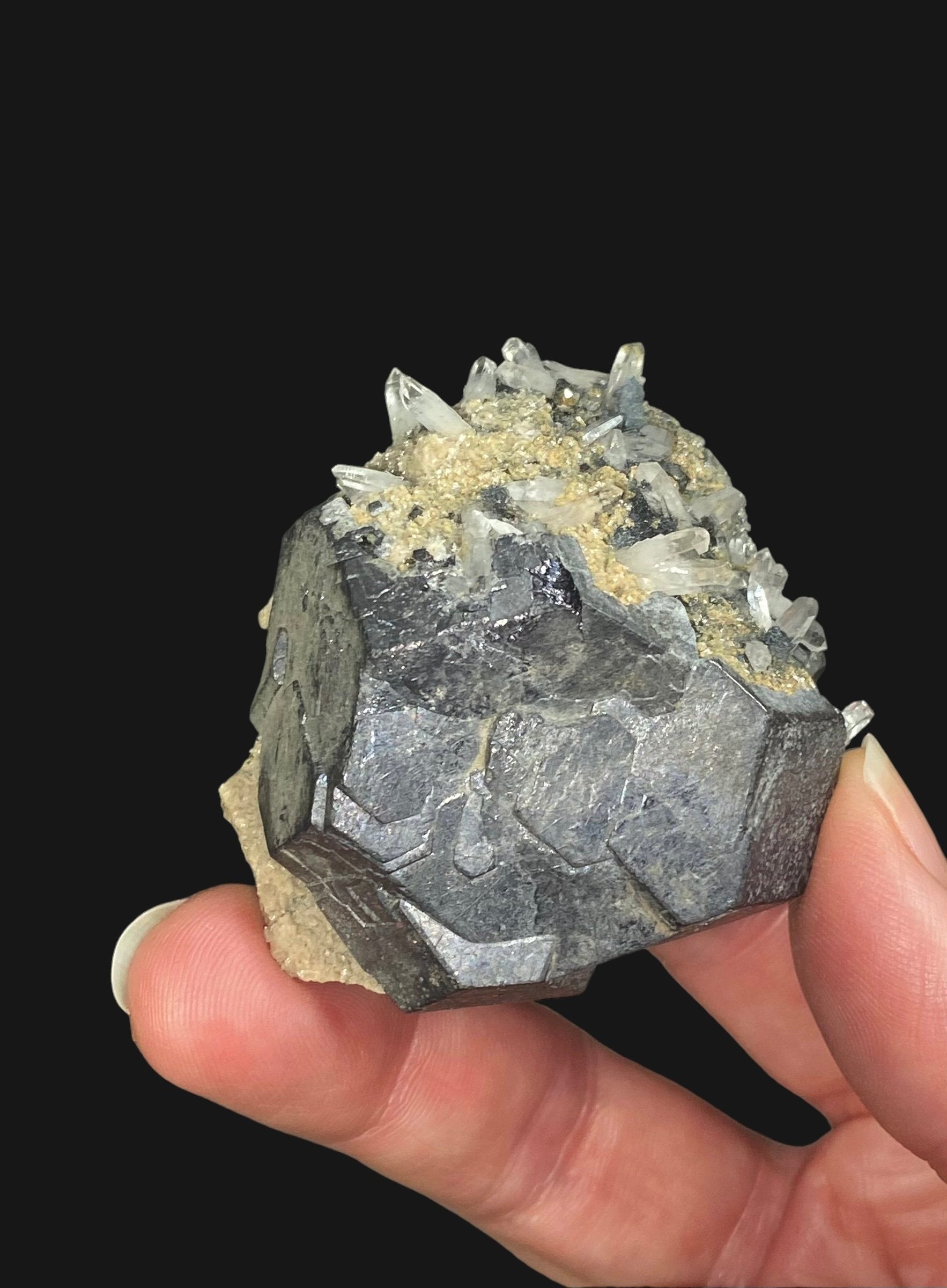 Kosovo Natural Galena Crystal Cluster with Clear Tipped Quartz Crystals and Tan Dolomite from Trepça Mines Kosovo