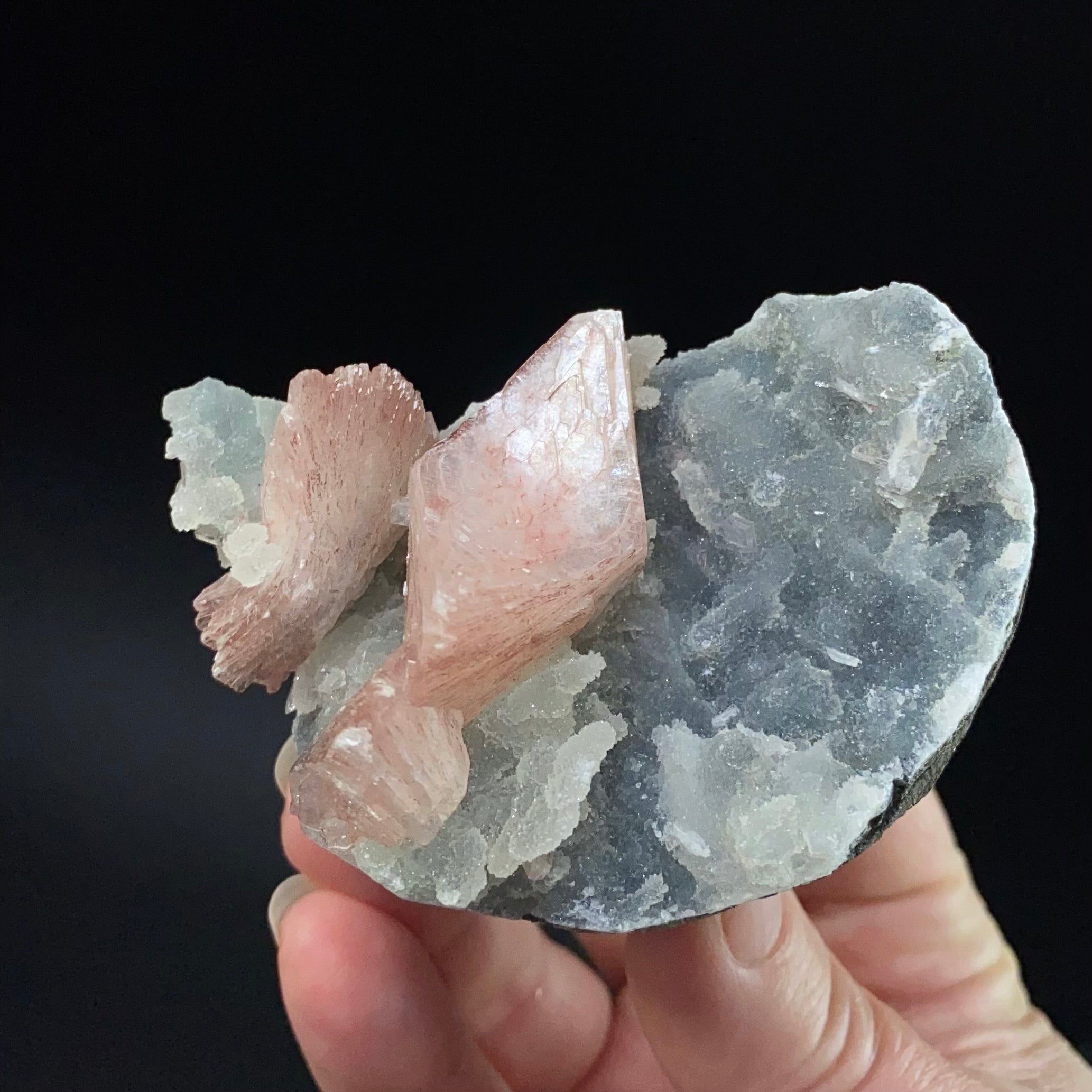 Gemmy Pale Pink Heulandite Fans with Chalcedony in Trimmed Basalt Matrix