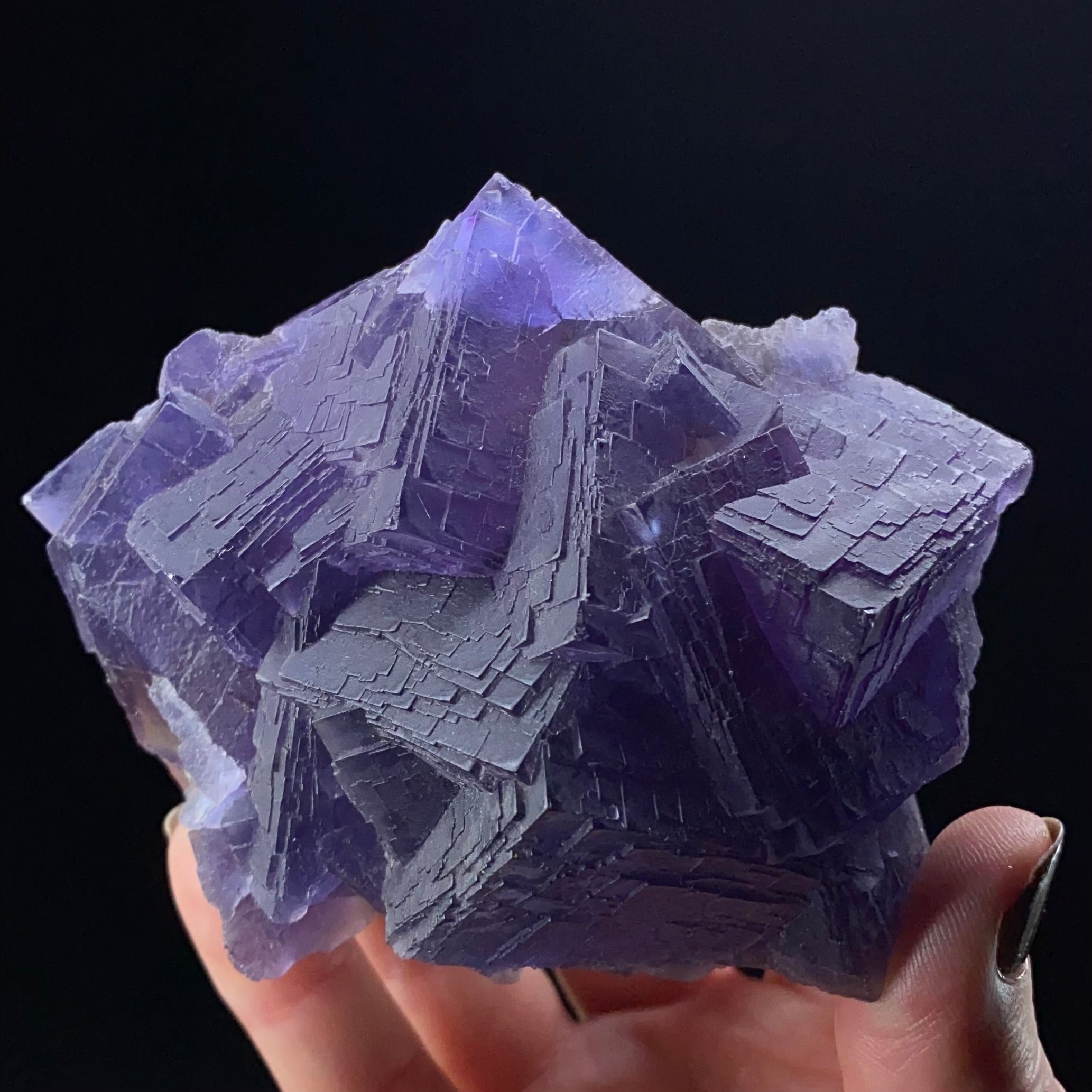 Purple and Gray Stepped Cubic Fluorite Cluster, Fluorescent