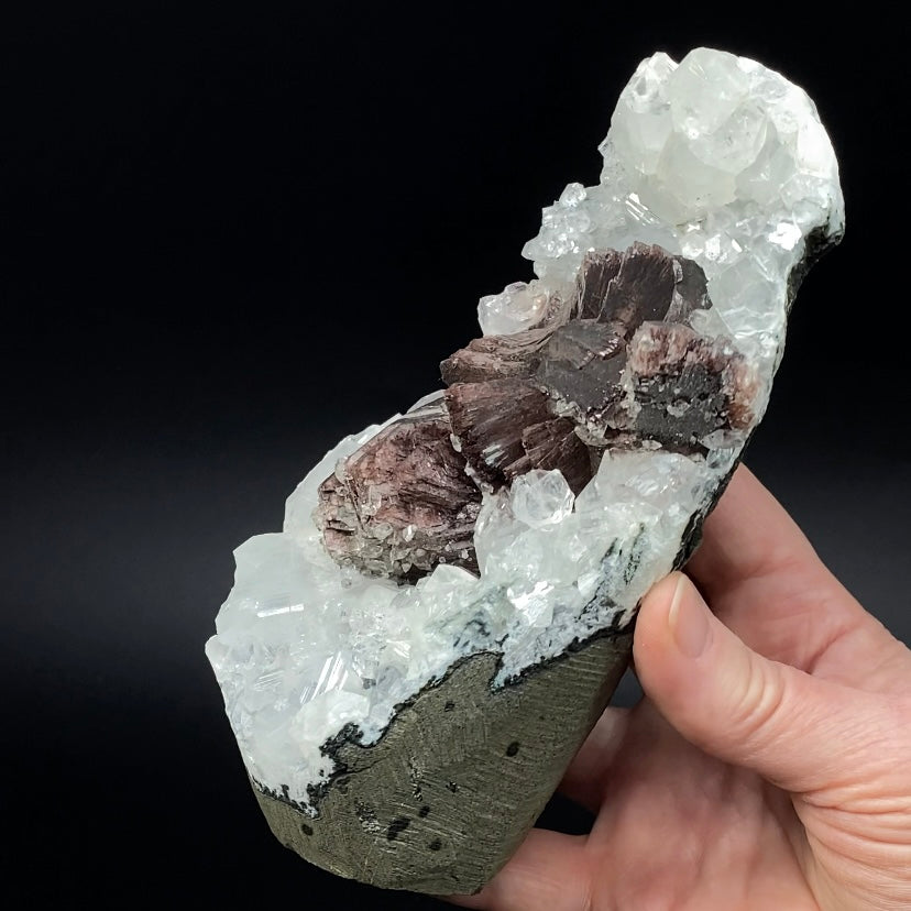 Rare Brown Heulandite Fans with Clear Apophyllite Crystals & Stalactite Chalcedony in a Trimmed-out Pocket of Volcanic Basalt Matrix