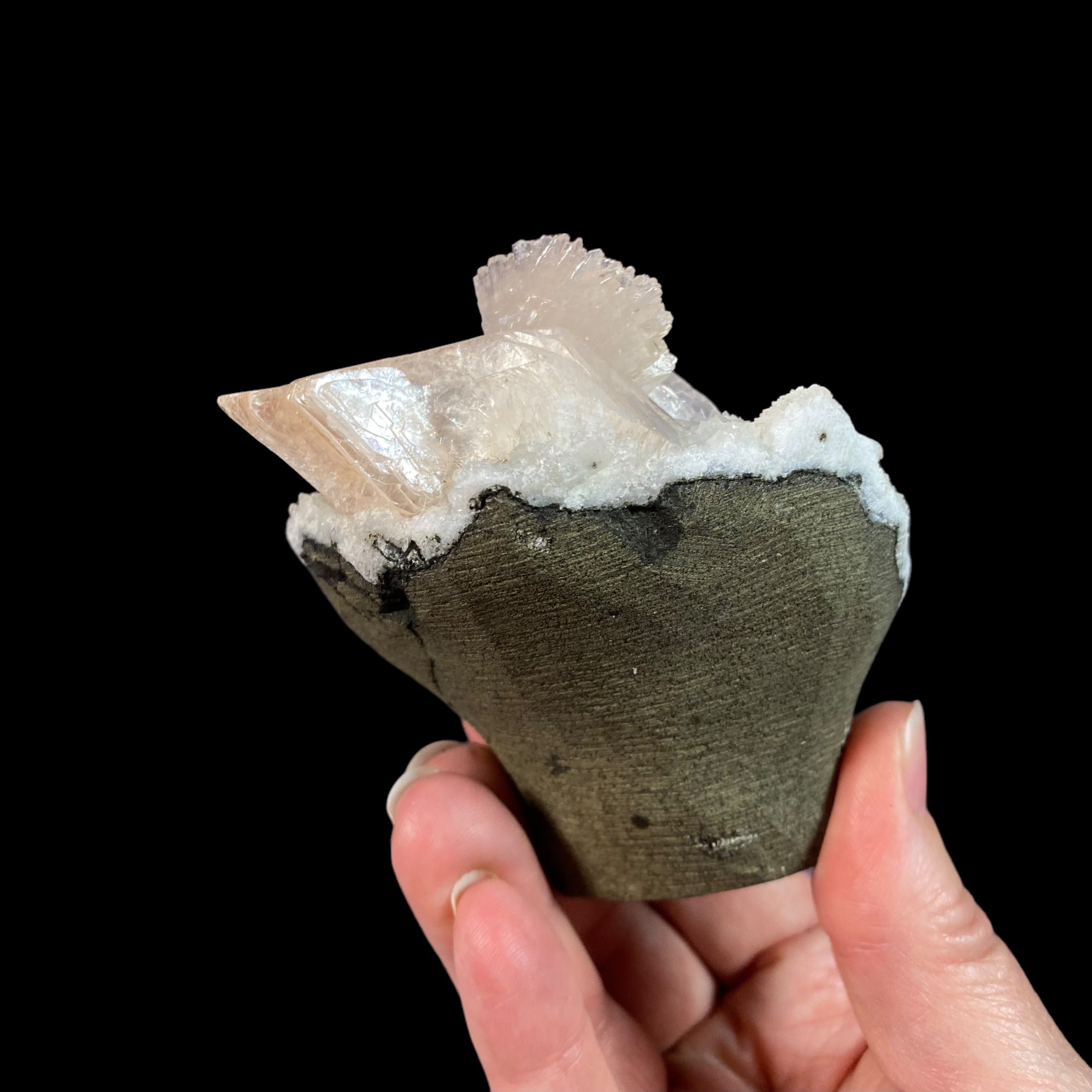 Light Pink Gemmy Heulandite & Minor Mordenite on Chalcedony in a Trimmed Basalt Pocket