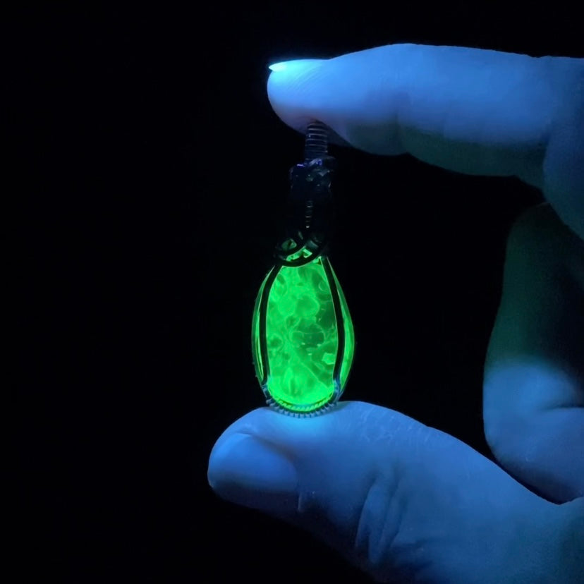 Hyalite Opal with Purple Fluorite & Sterling Silver Wire Wrapped Pendant