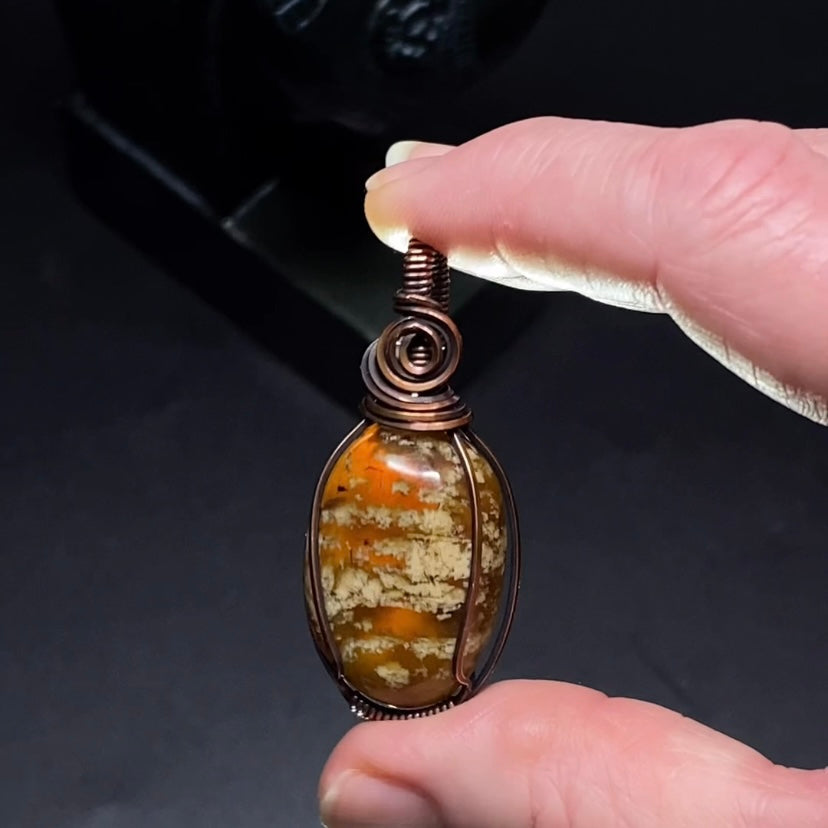 Sumatran Zebra Amber and Copper Wire Wrapped Pendant