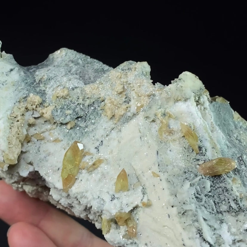 Yellow Colored Titanite Crystals on Albite and Colusite Matrix