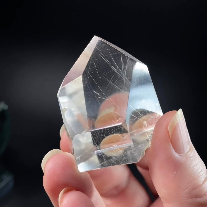 Polished Clear Quartz Crystal with Silver Rutile from Minas Gerais, Brazil