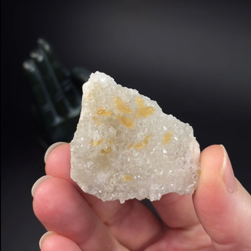 Phosphorescent Golden Honey Calcite Crystals on Druzy Quartz in Basalt Pocket