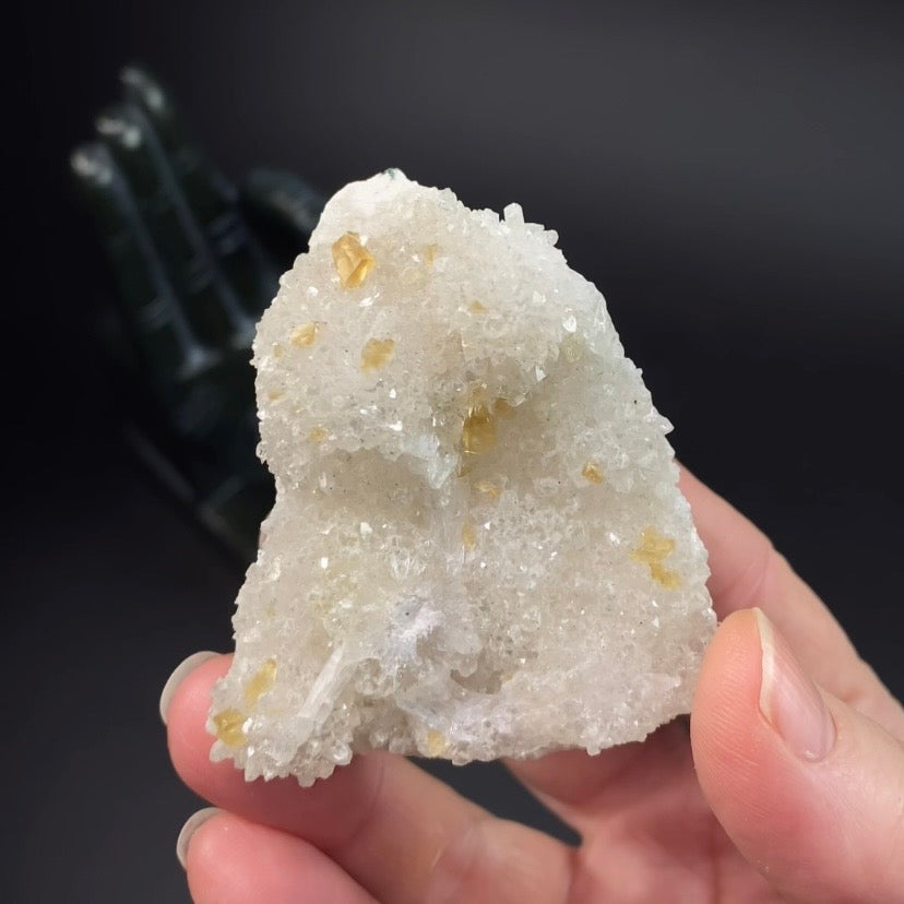 Phosphorescent Golden Honey Calcite Crystals on Druzy Quartz in Basalt Pocket