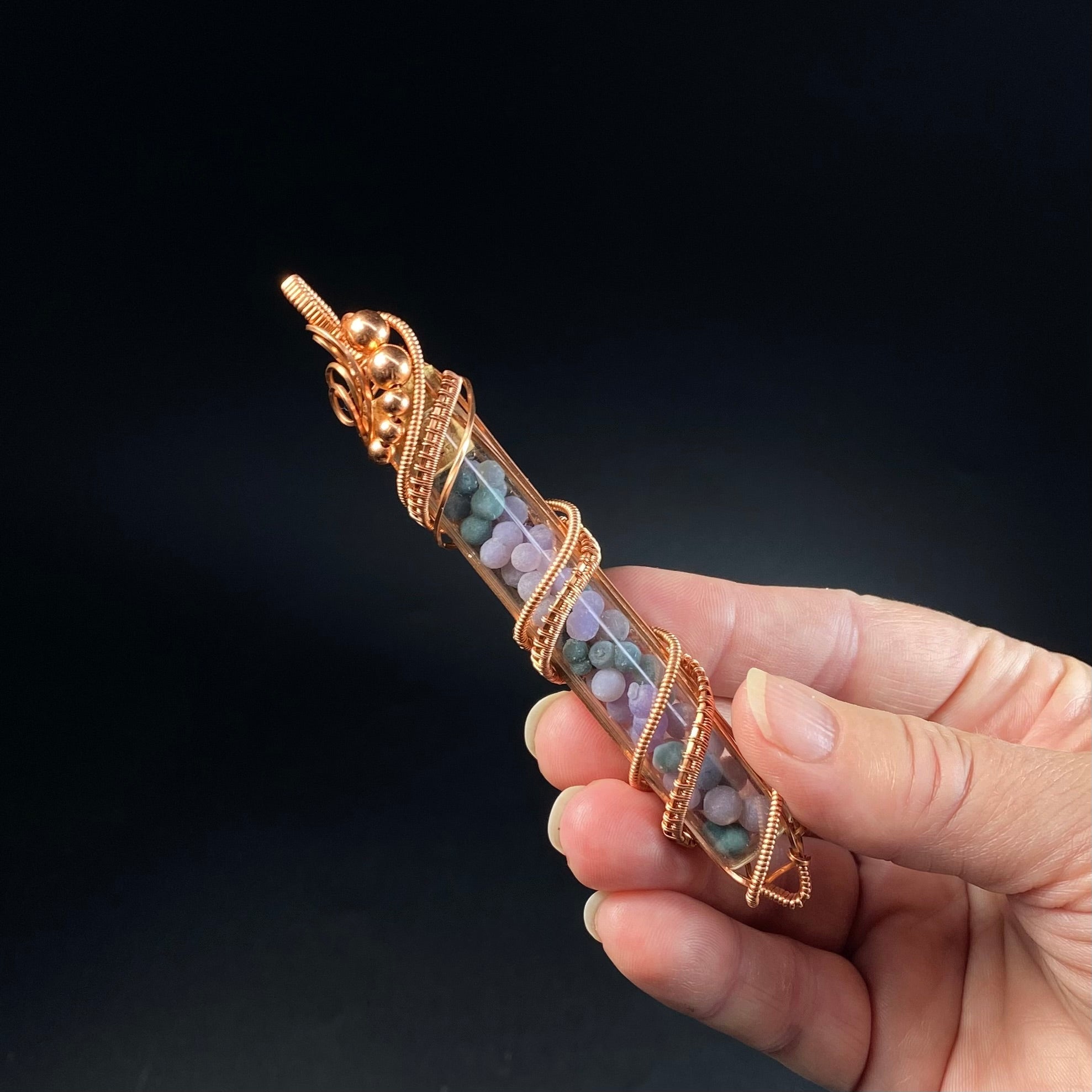 One of a Kind Botryoidal Amethyst aka Grape Agate Wire Wrapped Glass Vial Pendant
