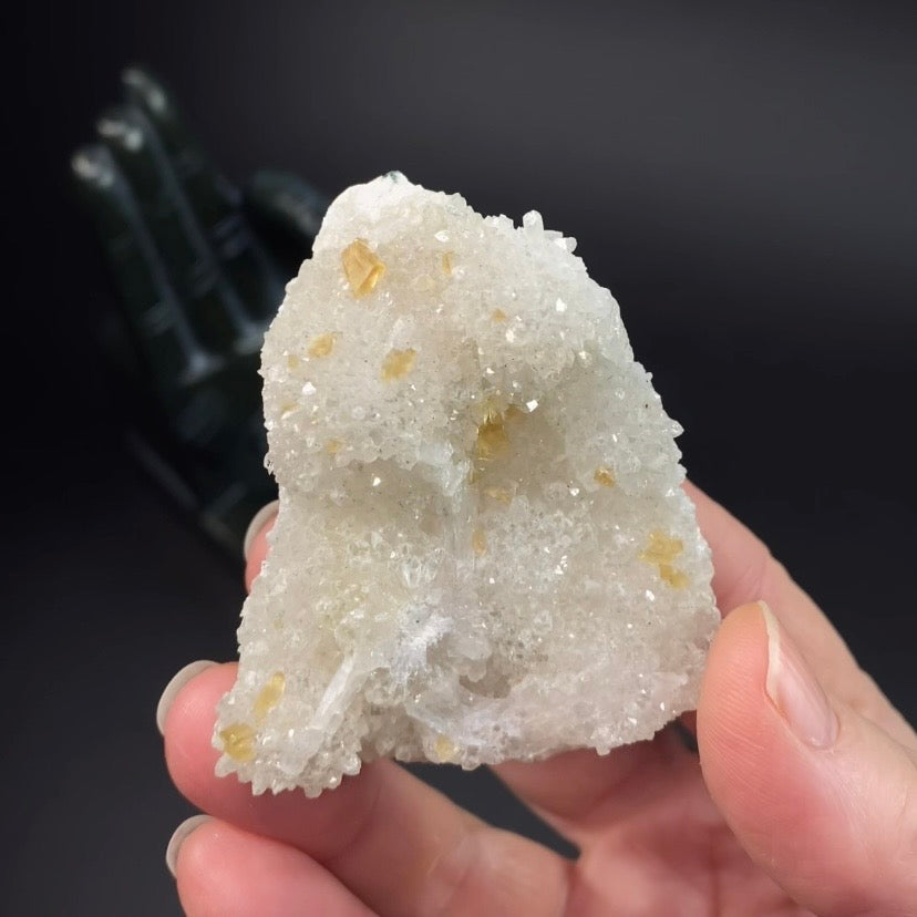 Phosphorescent Golden Honey Calcite Crystals on Druzy Quartz in Basalt Pocket