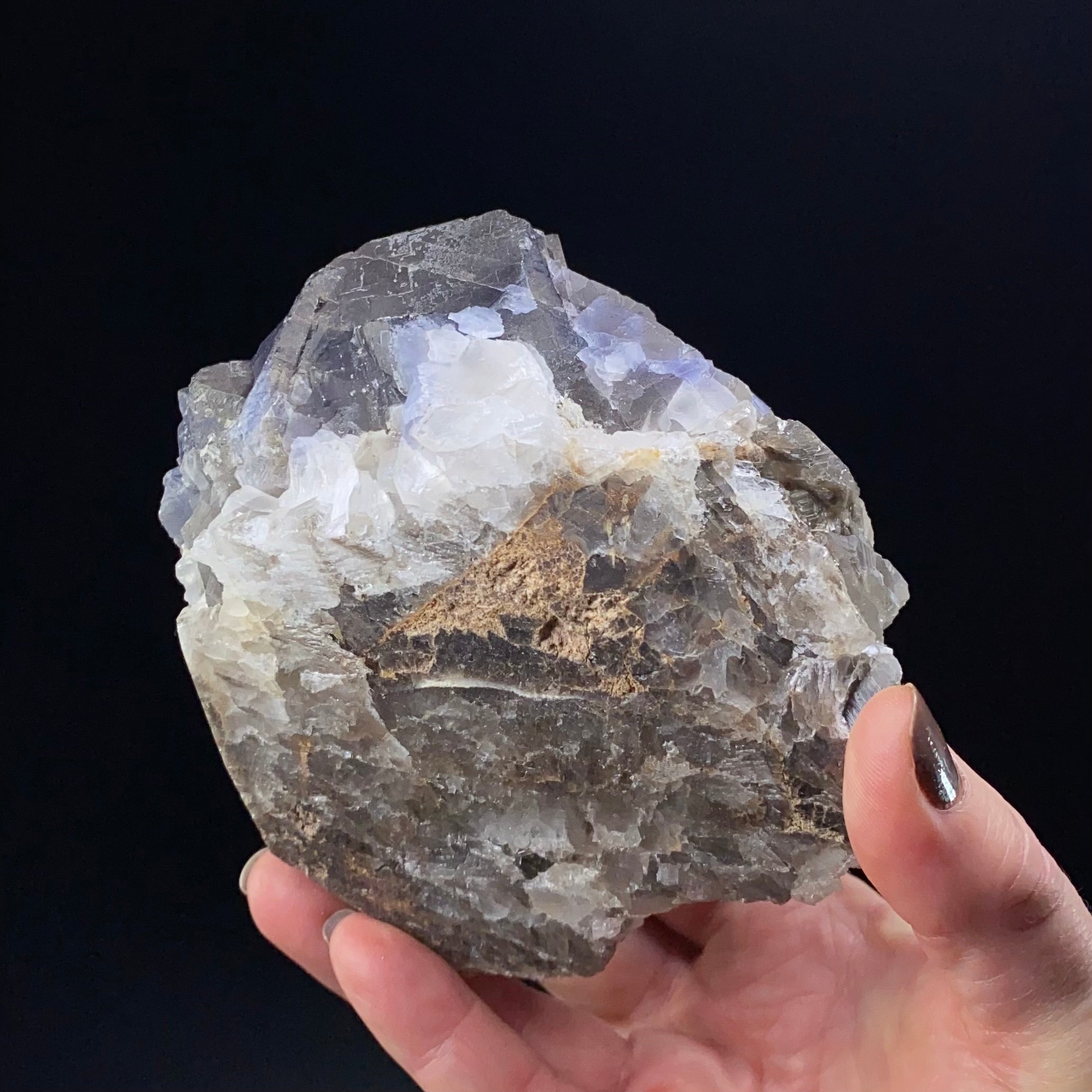 Purple and Blue Stepped Cubic Fluorite Cluster with Calcite, Fluorescent