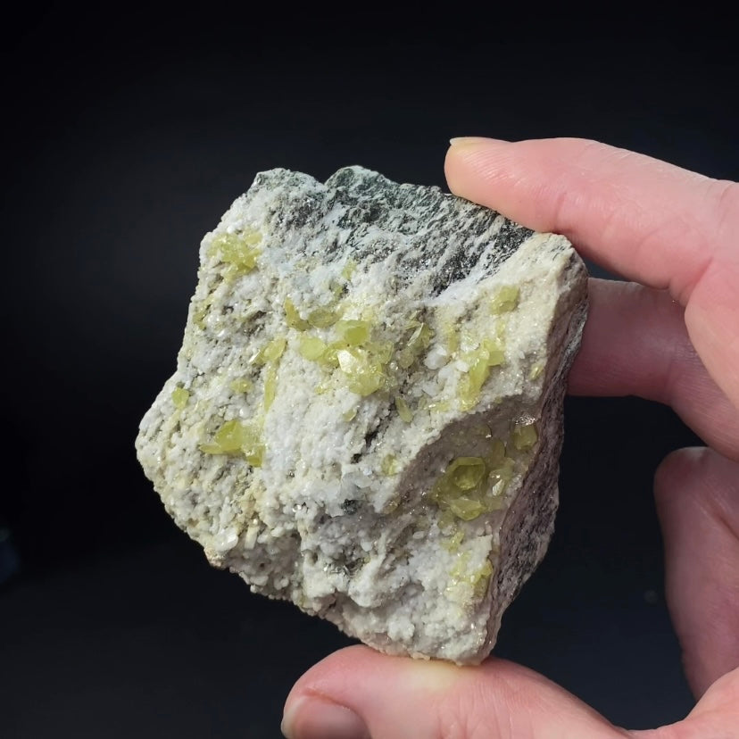 Yellow Colored Titanite Crystals on Albite and Colusite Matrix
