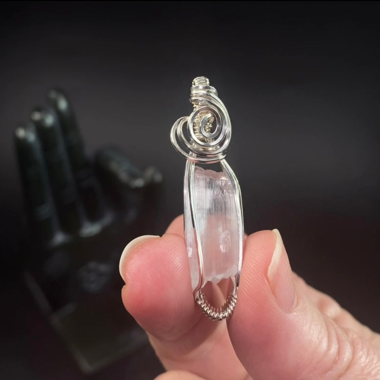 Clear Spodumene Kunzite Crystal & Sterling Silver Wire Wrapped Pendant