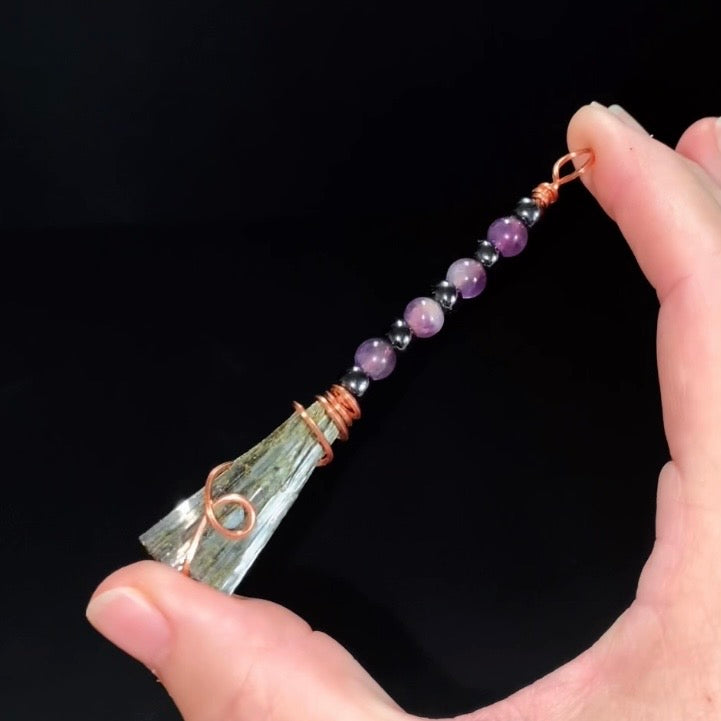 Amethyst, Hematite & Epidote Wire Wrapped Witches Broom Pendant - Ornament for Halloween