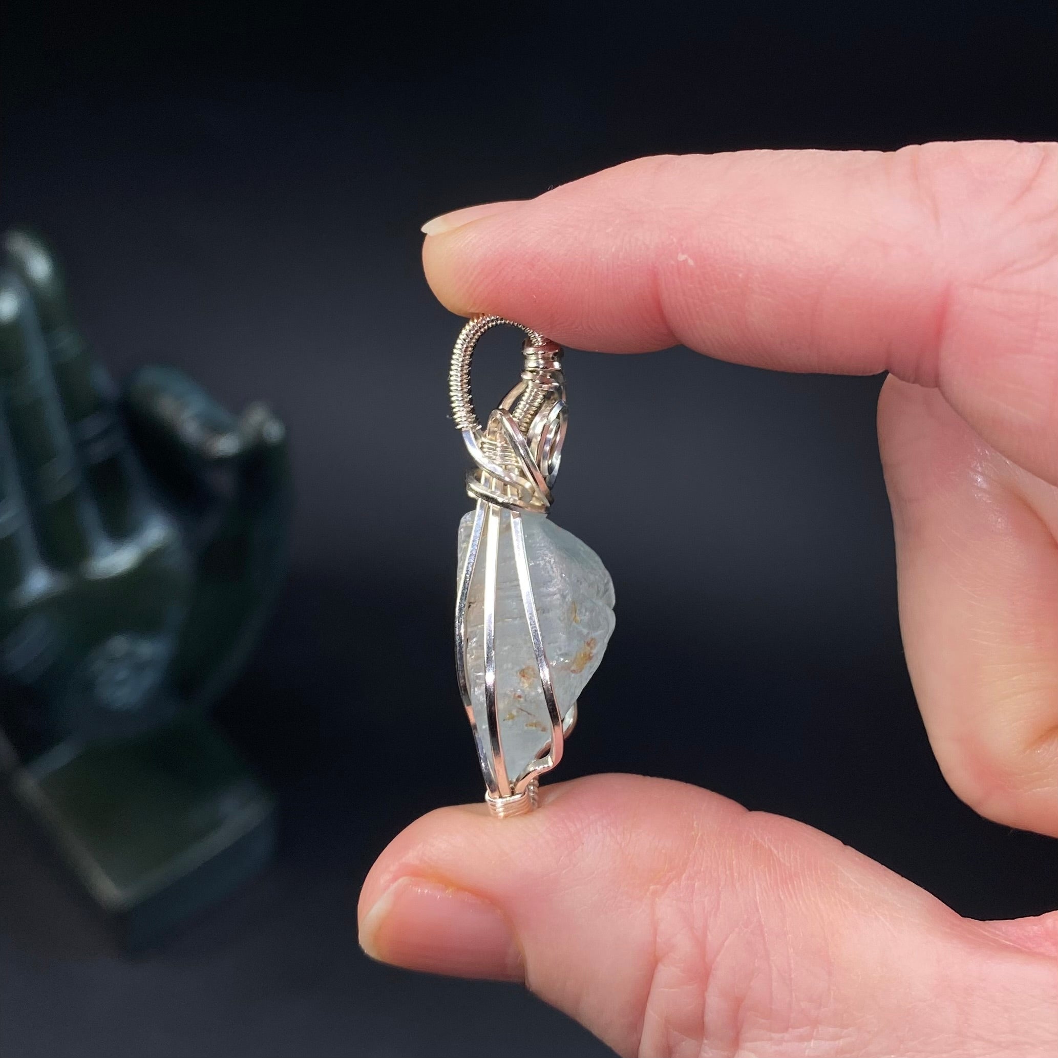 River Tumbled Natural Blue Topaz Crystal & Sterling Silver Wire Wrapped Pendant