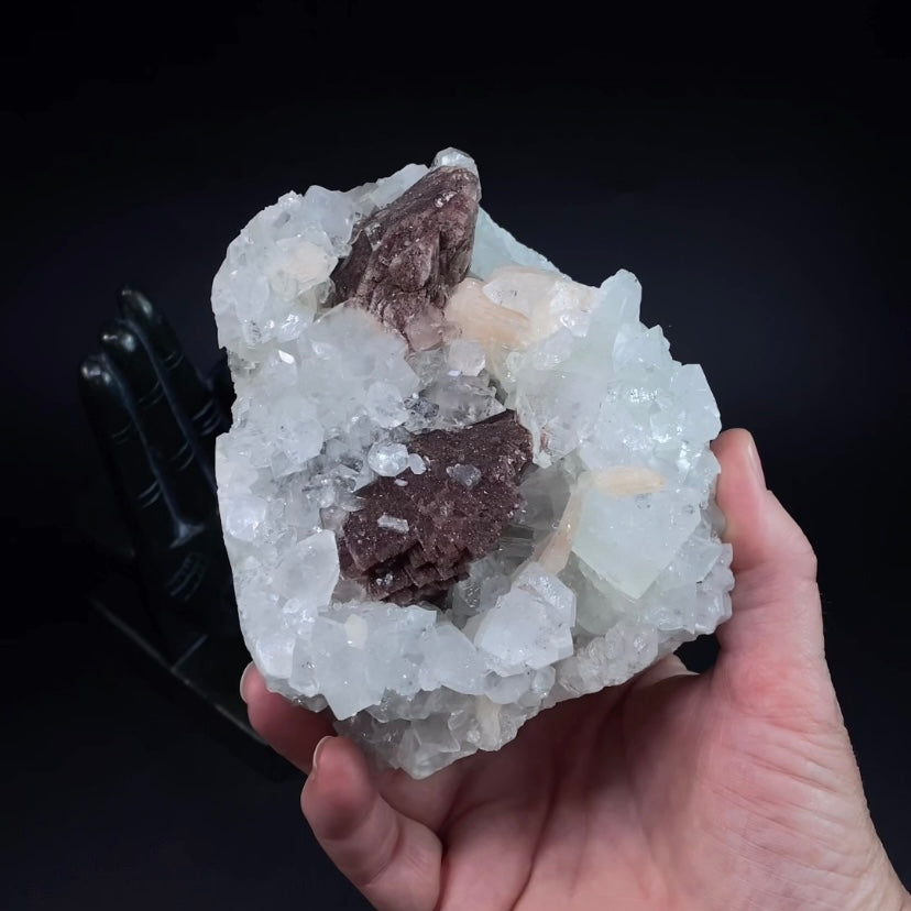 Red Brown Heulandite Fan with Clear Apophyllite Crystals & Stilbite in a Trimmed Pocket of Volcanic Basalt Matrix