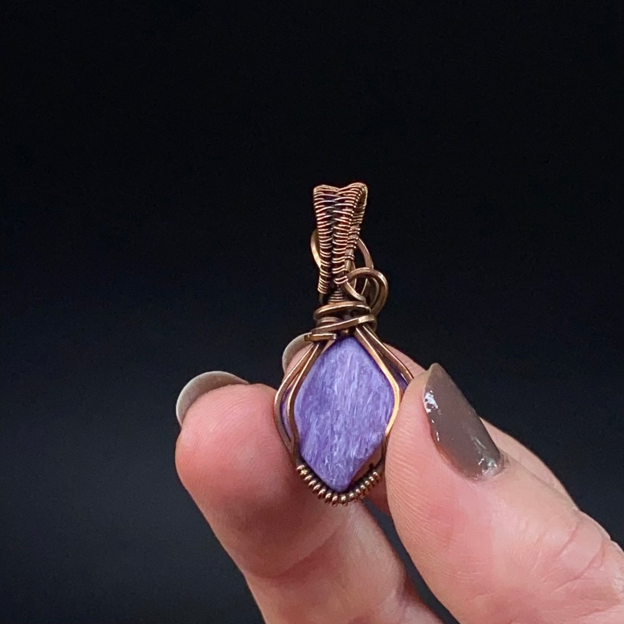 Purple Charoite and Copper Wire Wrapped Pendant