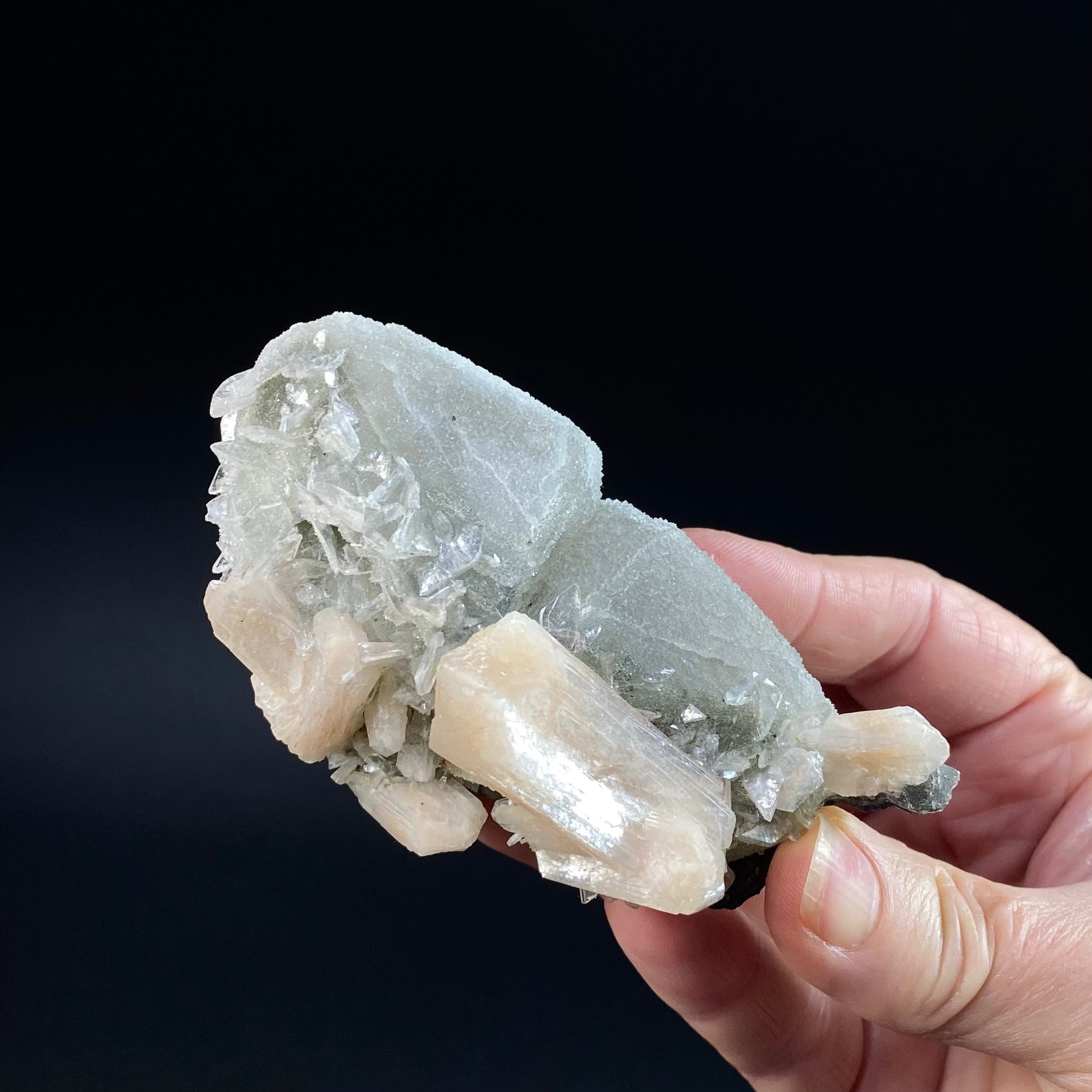 Clear Heulandite Fans with Stilbite and Chalcedony Coated Calcite