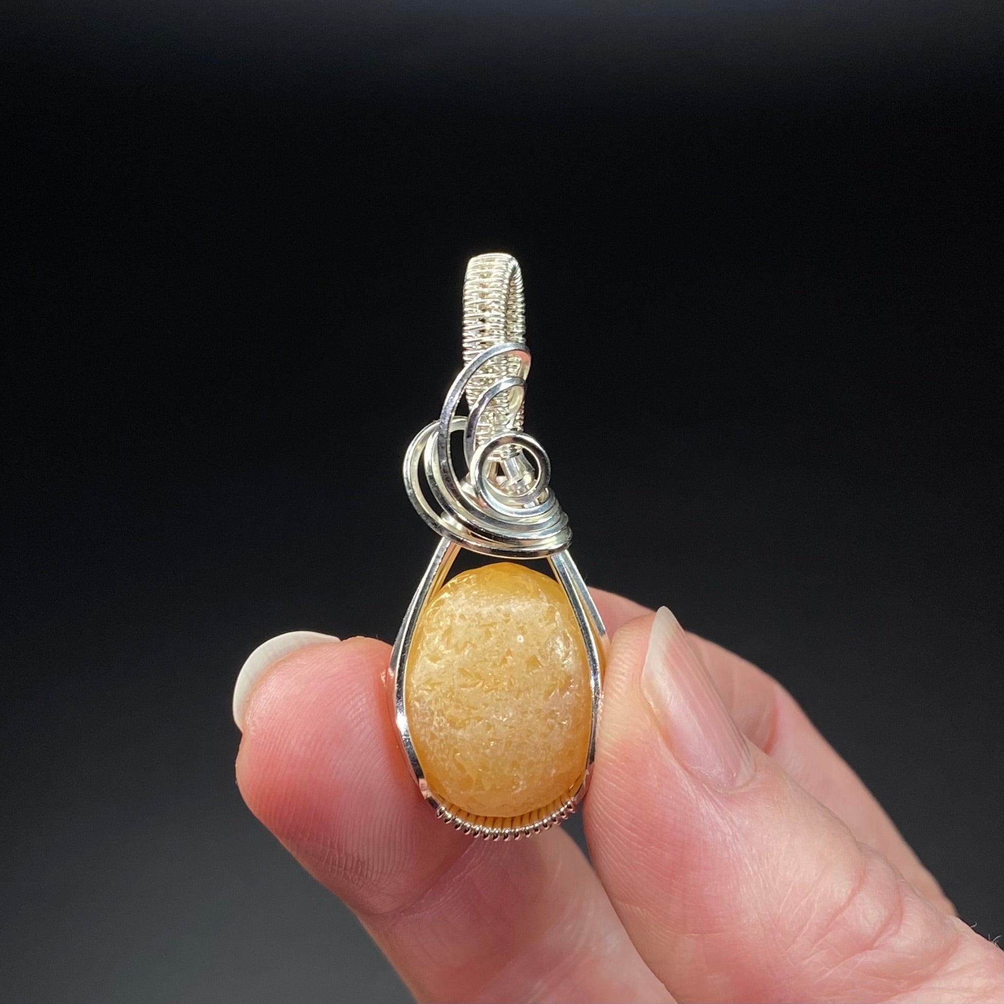 Yellow Orange Calcite Concretion & Sterling Silver Wire Wrapped Pendant