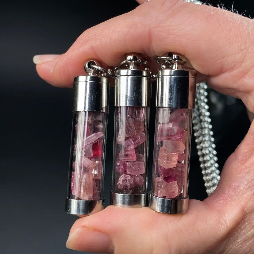 Pink Tourmaline Filled Vial Pendant Necklace