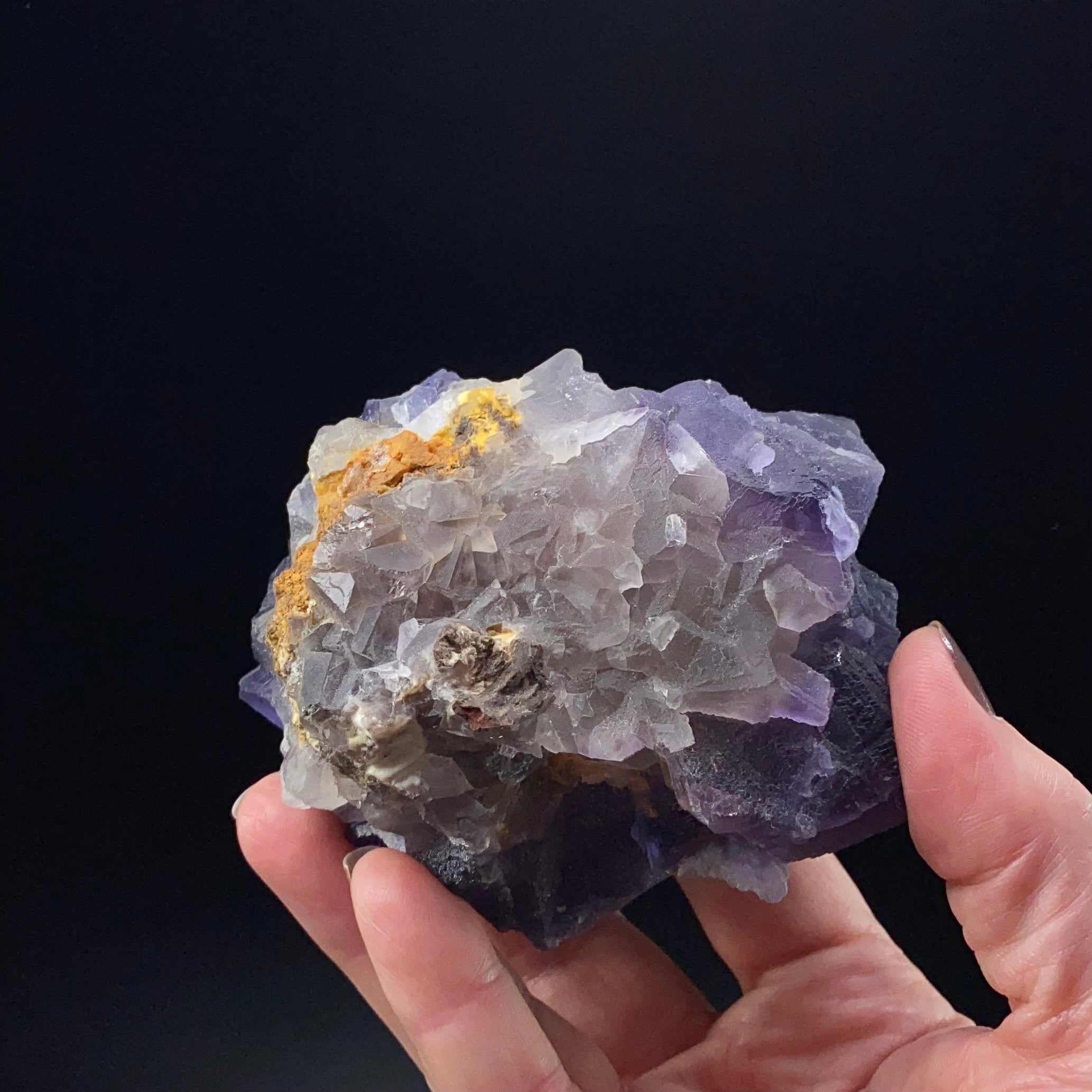 Purple and Gray Stepped Cubic Fluorite Cluster, Fluorescent