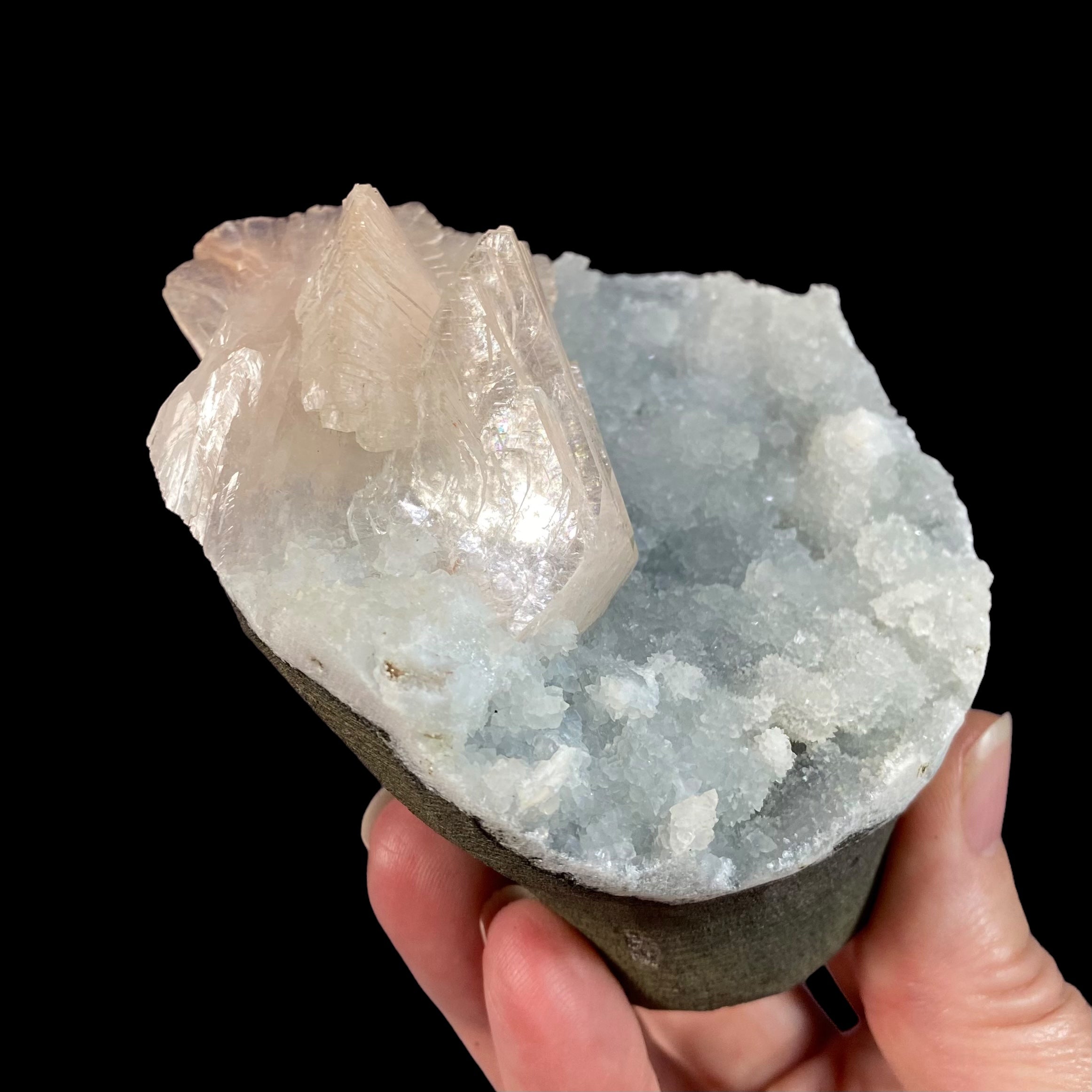 Light Pink Gemmy Heulandite & Minor Mordenite on Chalcedony in a Trimmed Basalt Pocket