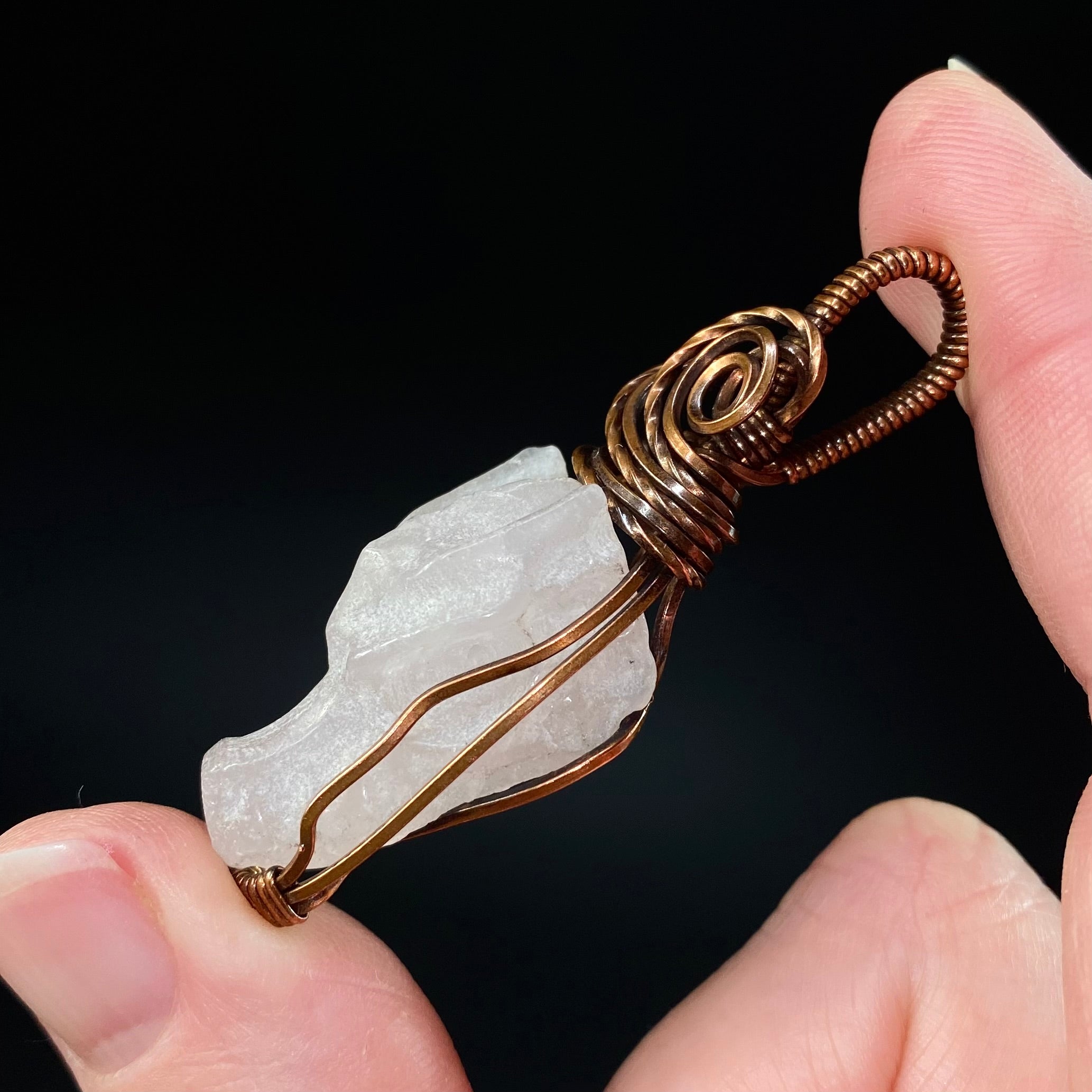 Rose Quartz Dragon and Copper Wire Wrapped Pendant