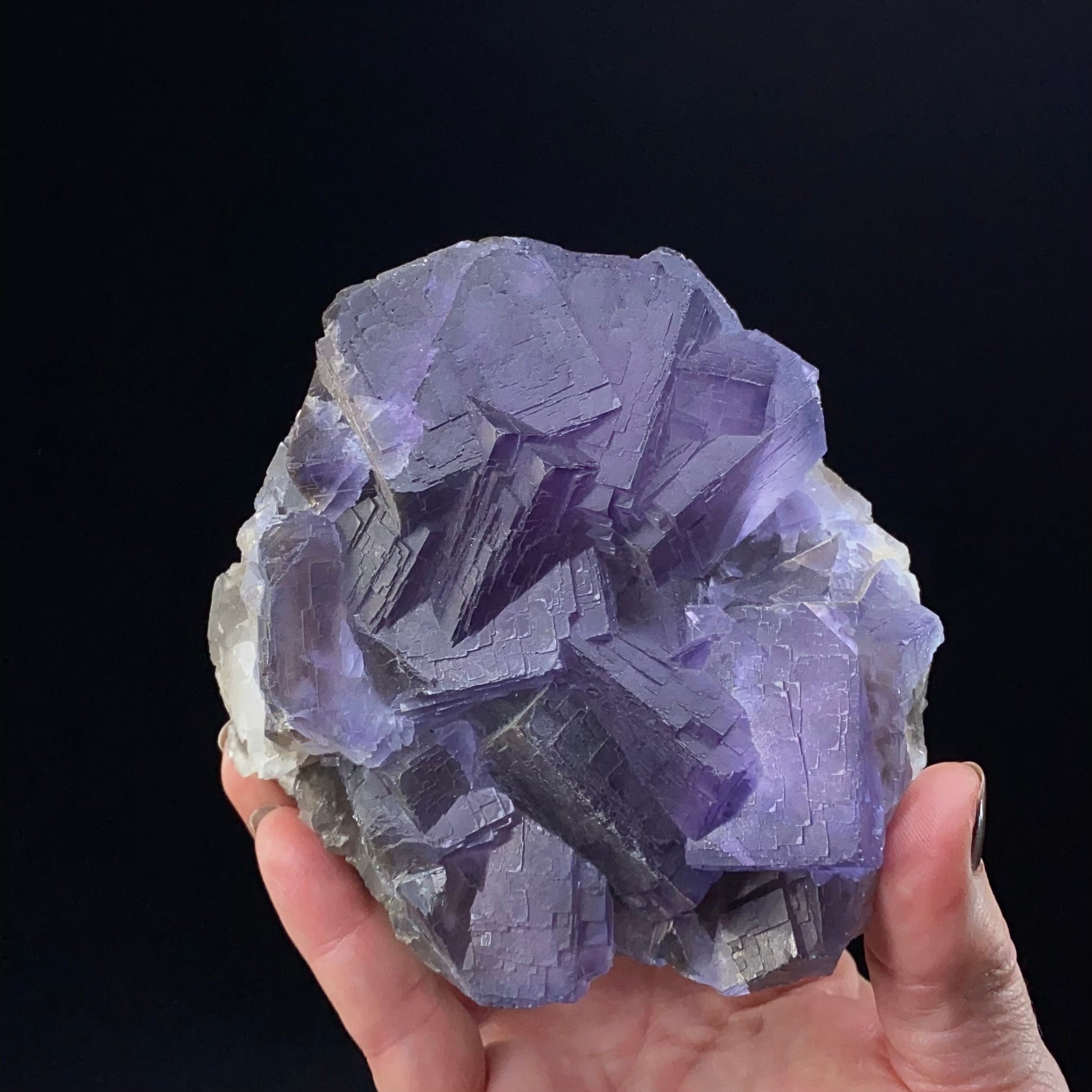 Purple and Blue Stepped Cubic Fluorite Cluster with Calcite, Fluorescent