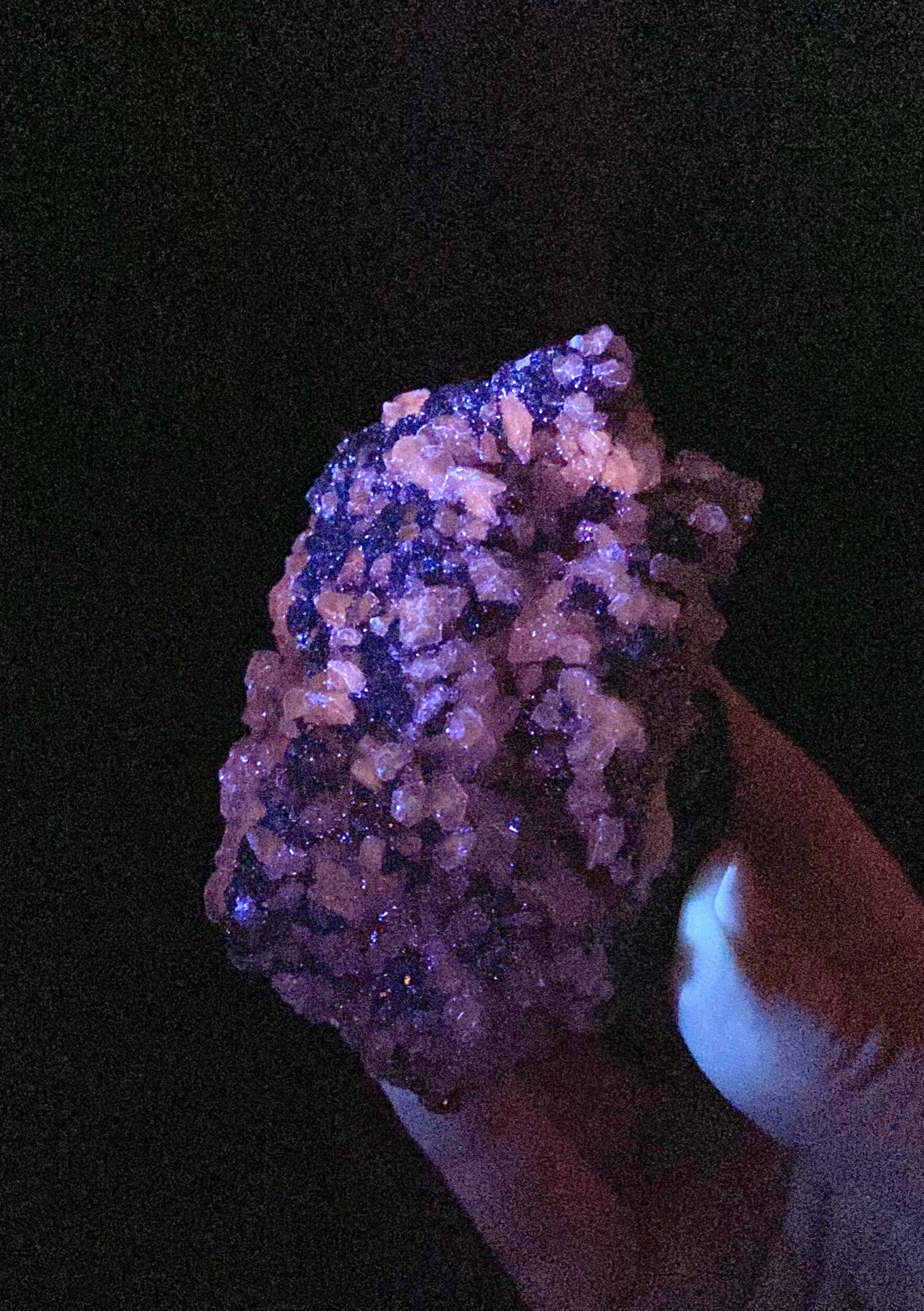 Sphalerite Cluster with Fluorescent Calcite & Pyrite