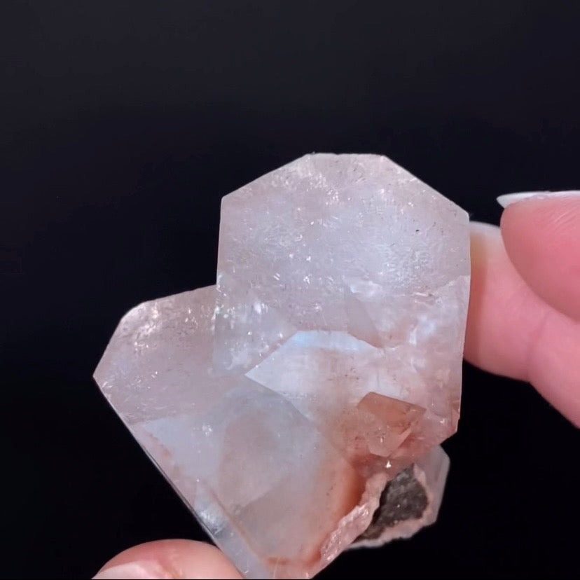 Clear Pseudo Cubic Apophyllite Crystal Cluster with Red Hematite Inclusions