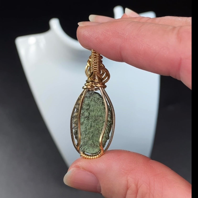 Genuine Moldavite & 14k Gold Fill Wire Wrapped Pendant