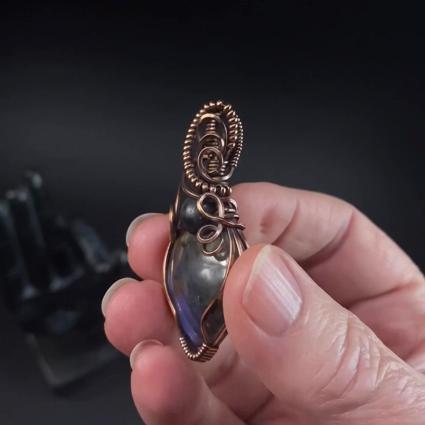 Labradorite Heart and Copper Wire Wrapped Pendant with Shungite Accent Bead