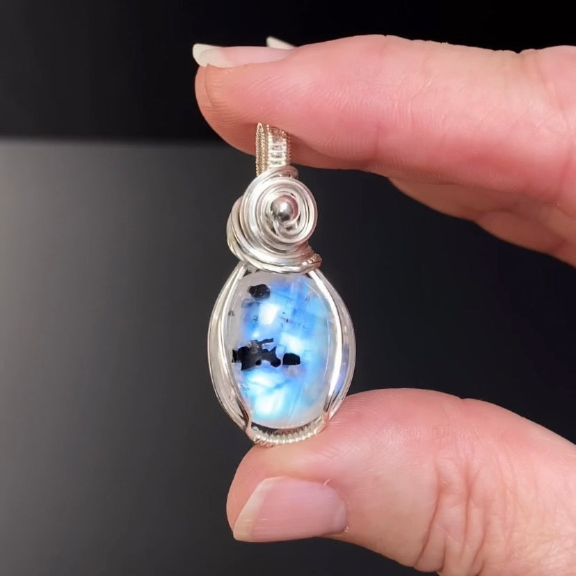 Blue Flash Moonstone with Black Tourmaline & Sterling Silver Wire Wrapped Pendant