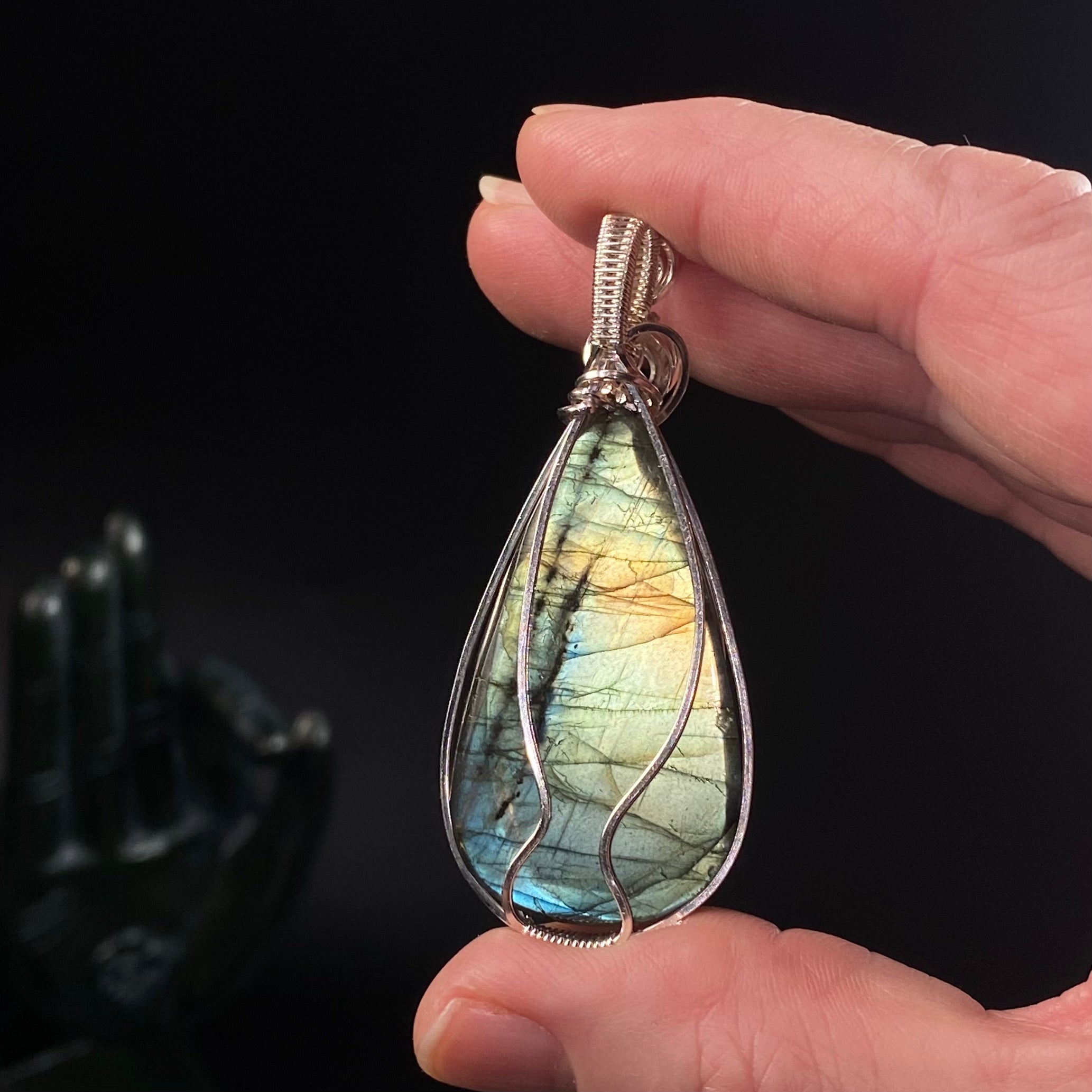 Blue Flash Labradorite & Sterling Silver Wire Wrapped Pendant with Simple Swirl Design