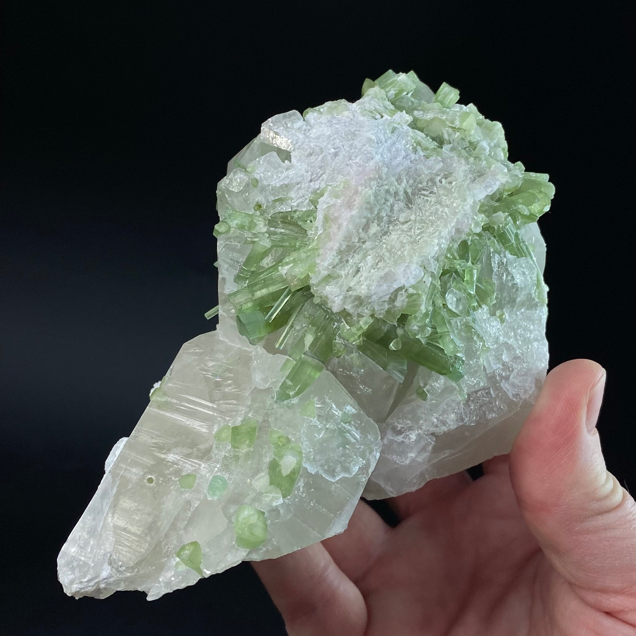 Green Tourmaline Crystals with Lepidolite on Quartz, Laghman, Afghanistan
