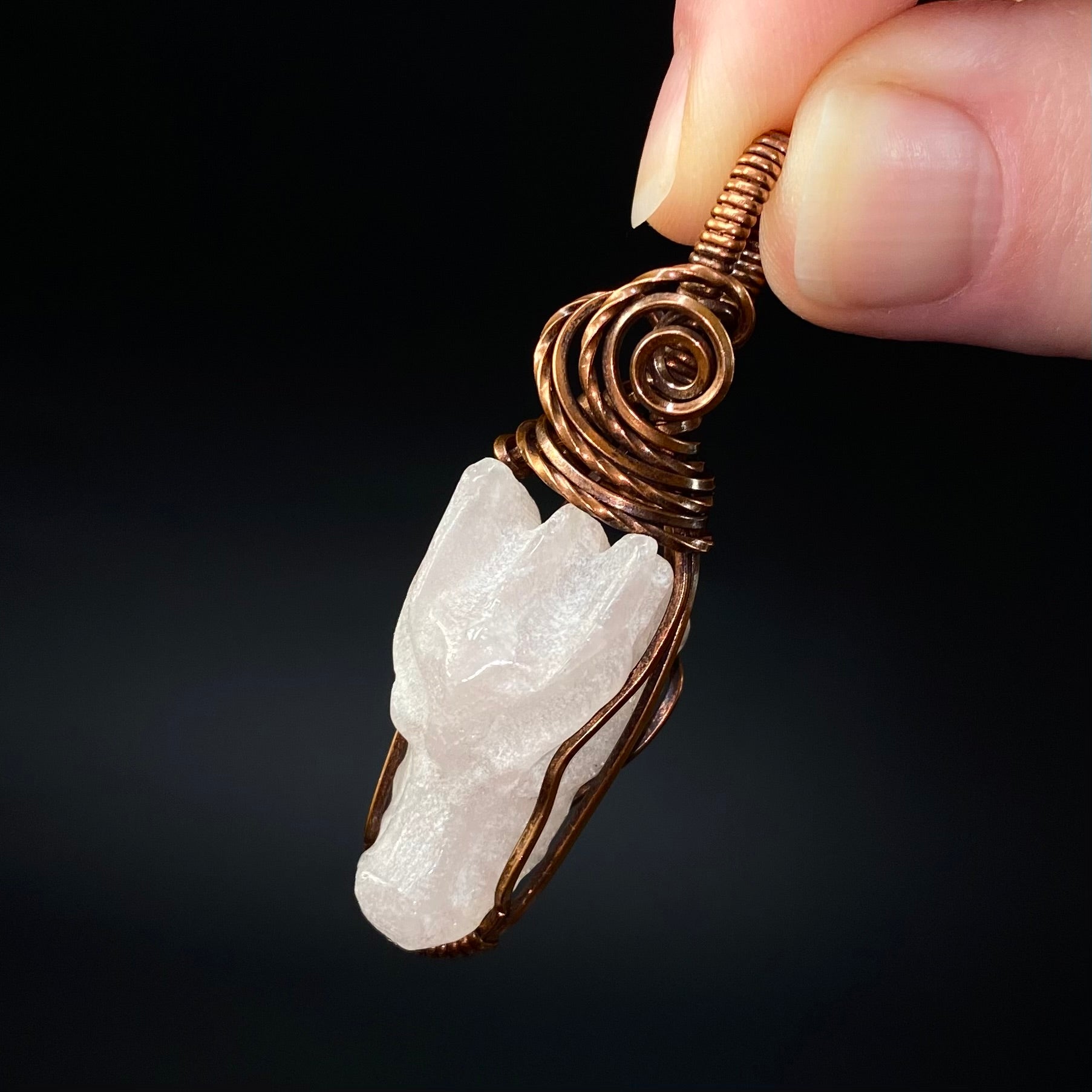 Rose Quartz Dragon and Copper Wire Wrapped Pendant