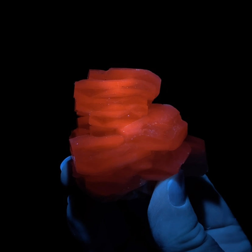 Fluorescent Hexagonal Sandwich Calcite Crystal Cluster