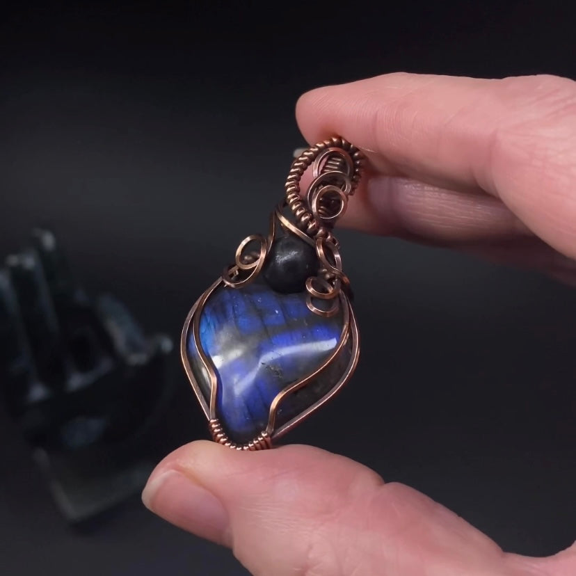 Labradorite Heart and Copper Wire Wrapped Pendant with Shungite Accent Bead